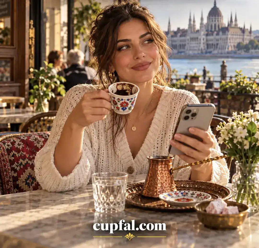 Woman reading her coffee cup with Cupfal at a café table