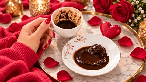 Coffee reading for love: cup with grounds, roses and a red heart Coffee reading for love: cup with grounds, roses and a red heart